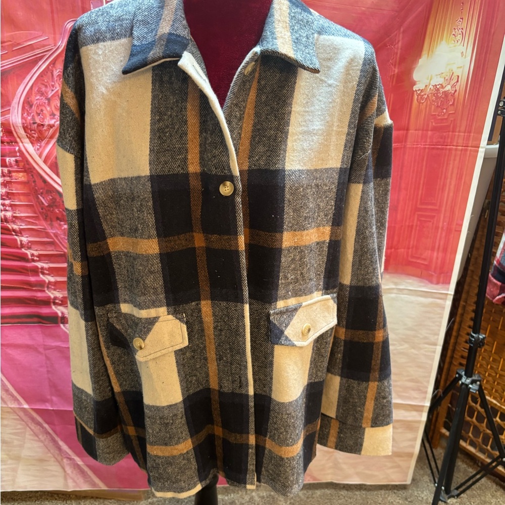 Plaid Utility Jacket in Black and Tan with Relaxed Fit